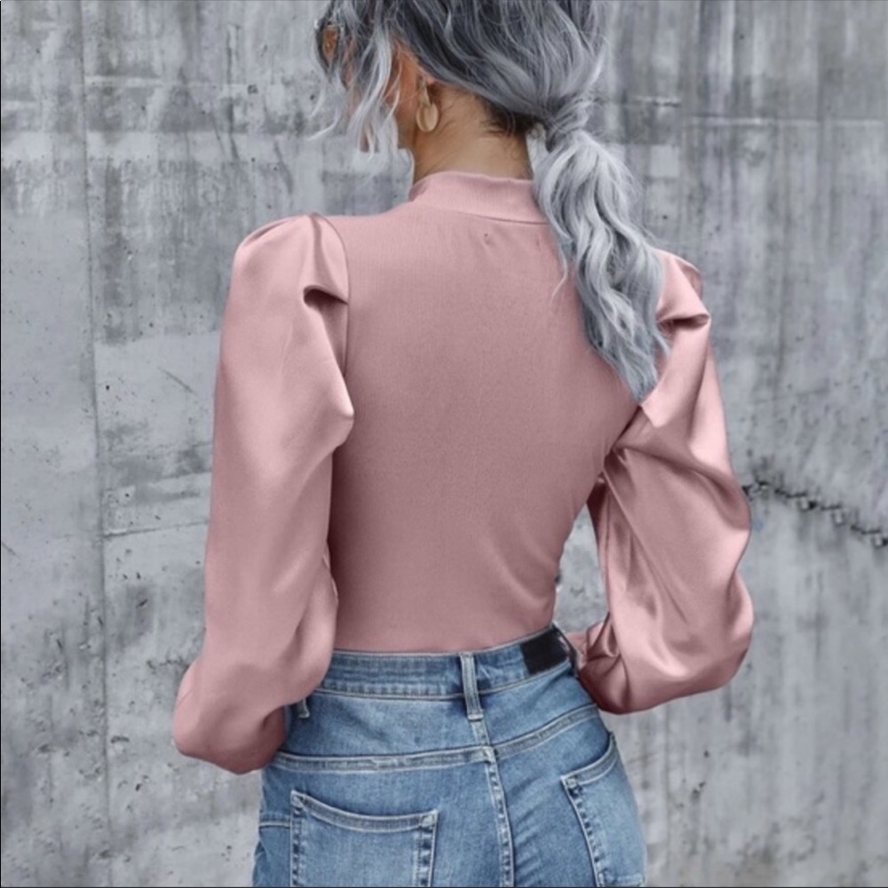Ribbed Long Sleeve Puff Top- PINK - Picture 7 of 13